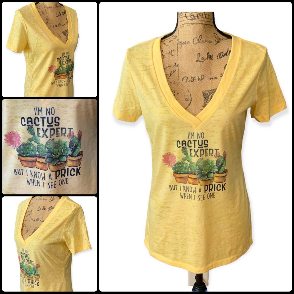 I’m No Cactus Expert Yellow V Neck Graphic Tee Shirt Size XL